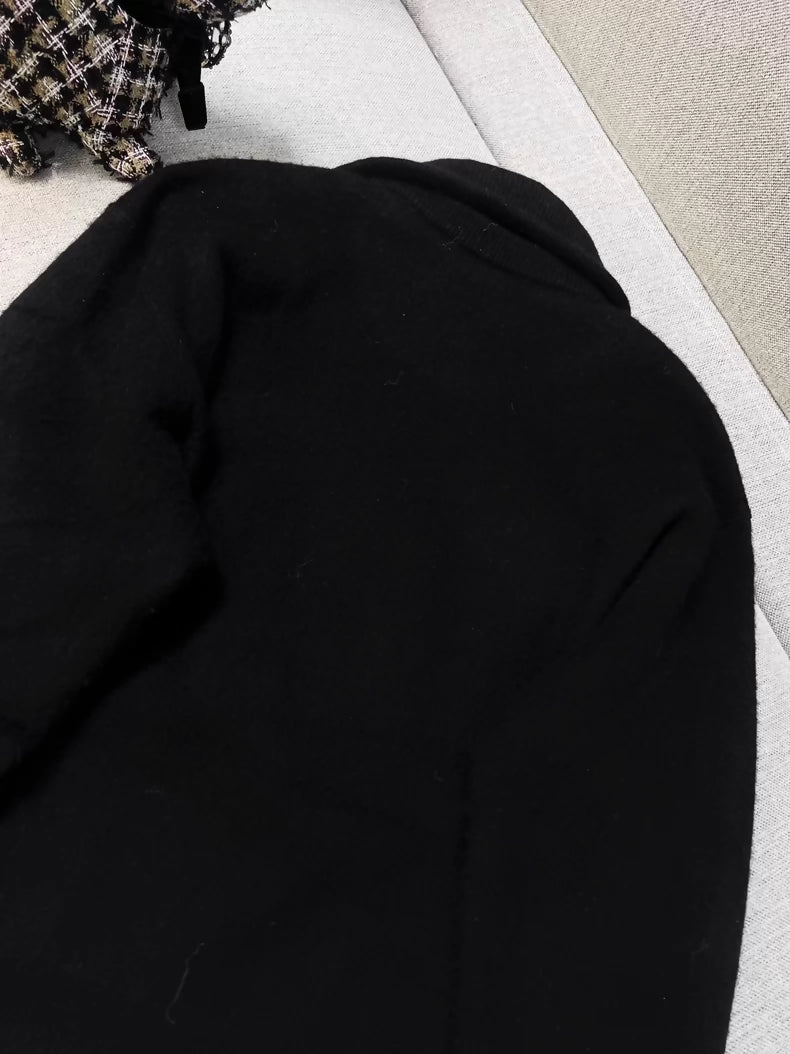 Chanel Coco Neige black pearl double C logo lapel cashmere knit