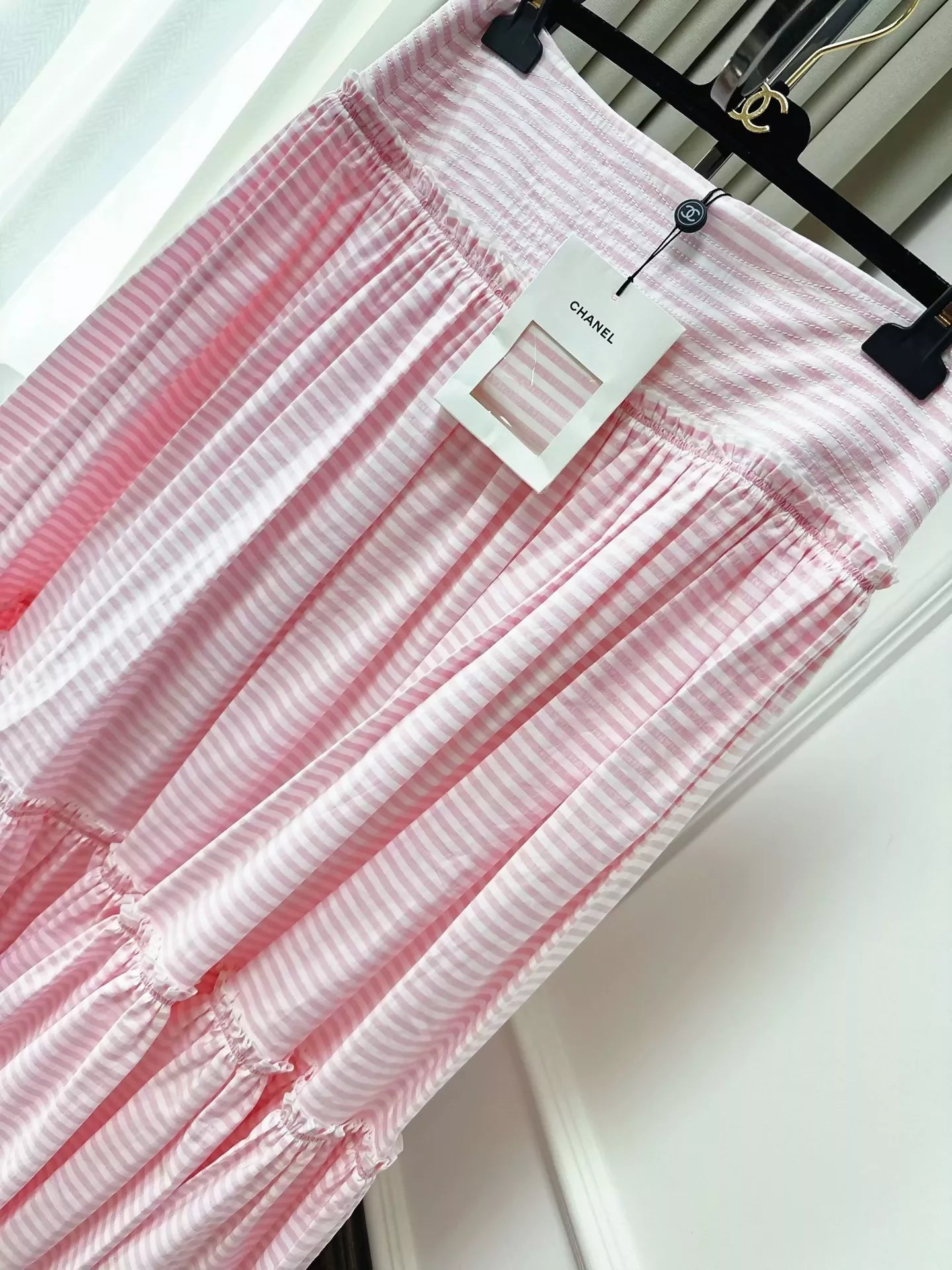 Chanel 24C pink and white striped logo maxi skirt