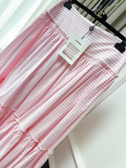 Chanel 24C pink and white striped logo maxi skirt