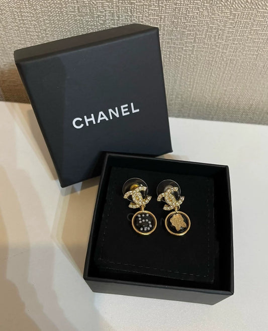 Chanel Camellia No. 5 Black and Gold Earrings