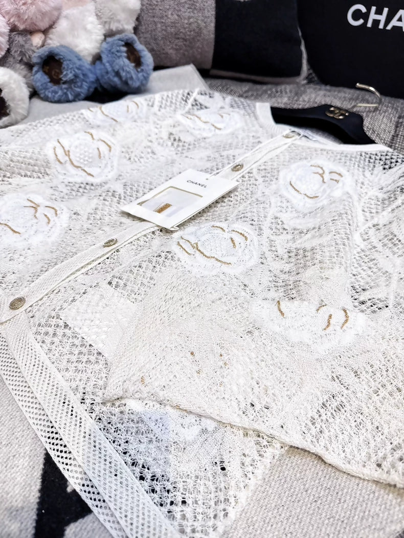 CHANEL 26C  White Openwork Knit Camellia Gold Thread Cardigan