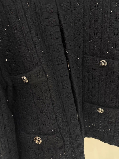 Chanel 24P Black Embossed Floral Knit Cardigan