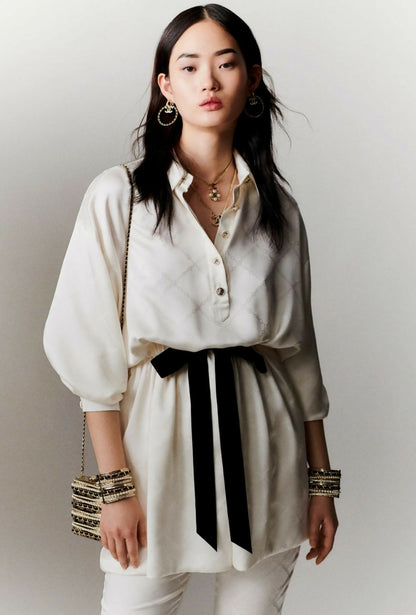 Chanel 23C Ecru Jacquard Silk CC Logo Velvet Bow Blouson Dress FR 40