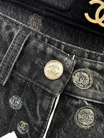 Chanel 25B black print graffiti wide-leg jeans