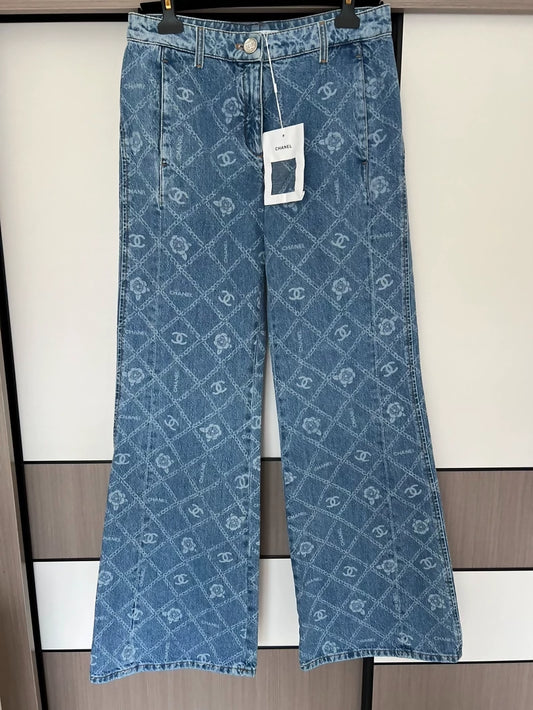Chanel 23A Camellia Jeans Wide-Leg Pants,