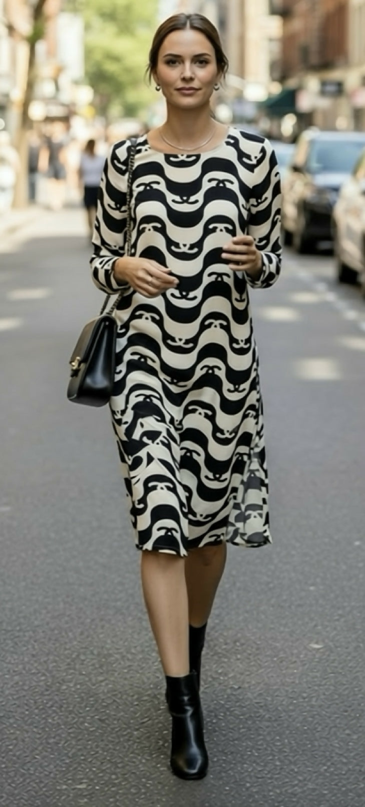 Epic Chanel 21P Ivory & Black CC Wave Silk Midi Dress FR 42