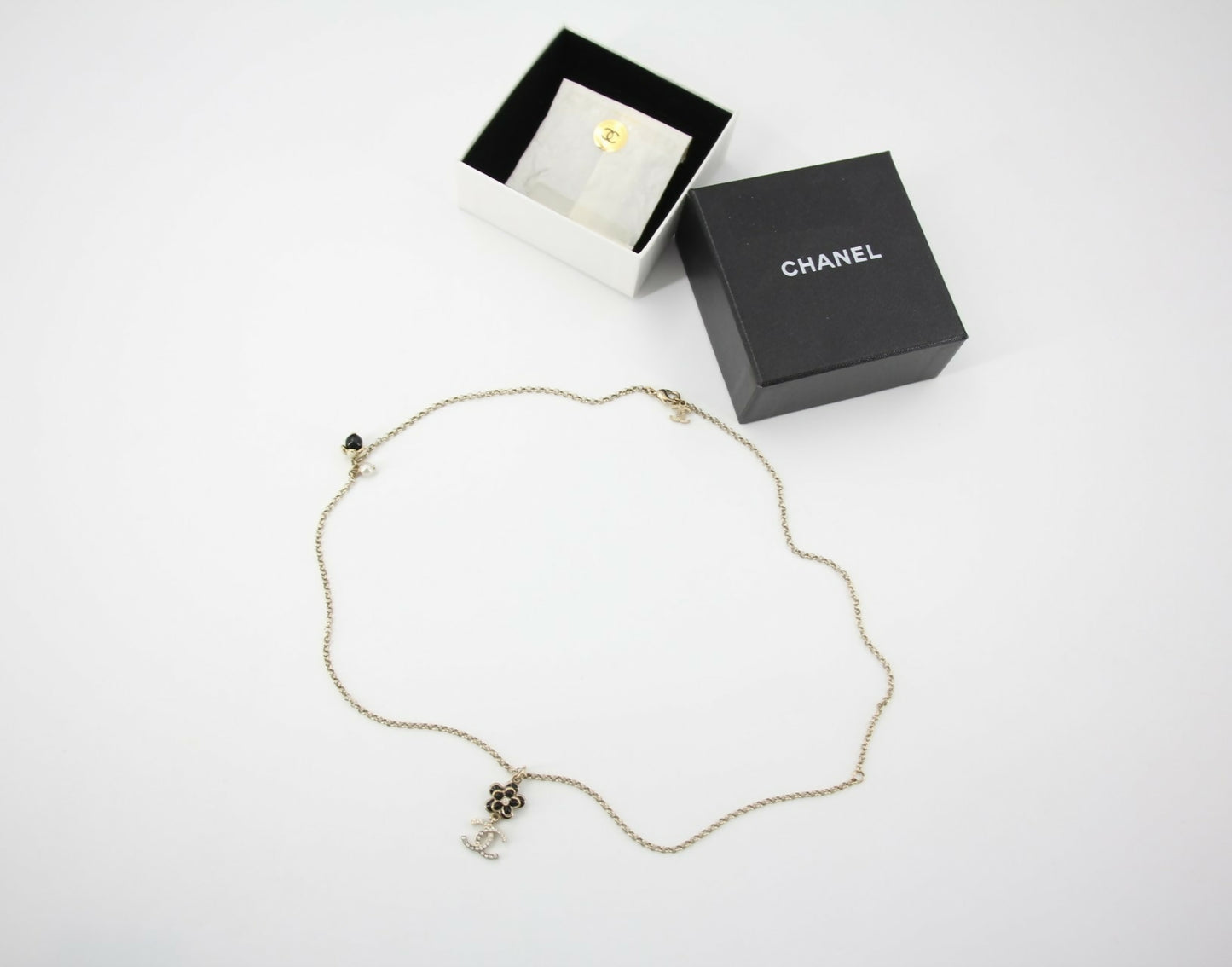 Chanel A21C Rhinestone Black Pendant Camellia Light Gold Necklace