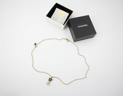 Chanel A21C Rhinestone Black Pendant Camellia Light Gold Necklace