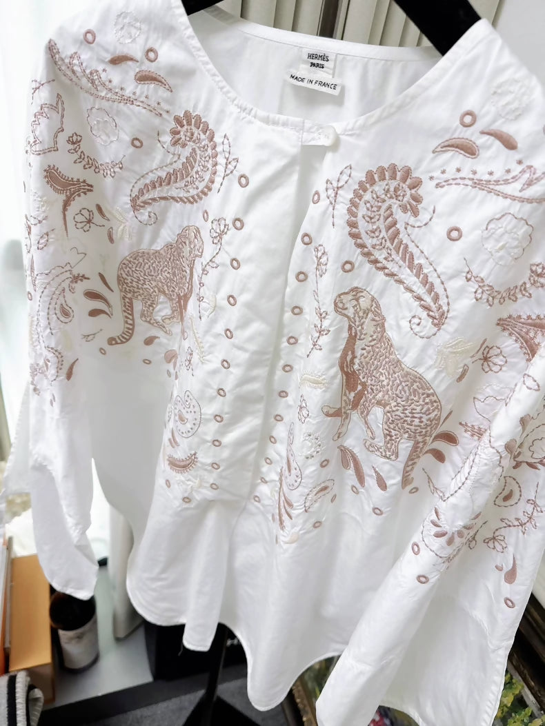 Hermes 2025 white bohemian-style embroidered shirt