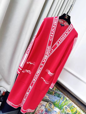 Chanel 20C Red Logo Long Knit Cardigan