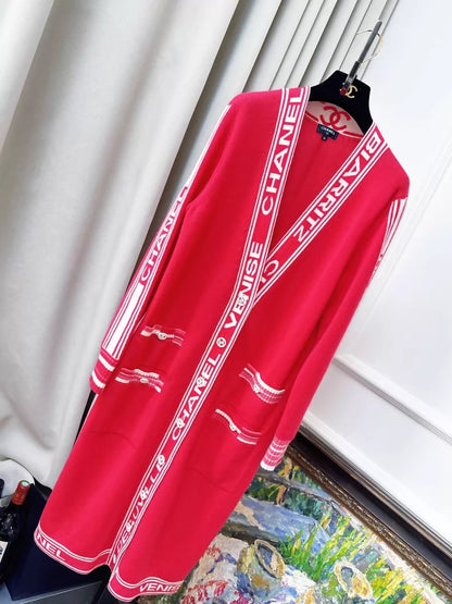 Chanel 20C Red Logo Long Knit Cardigan