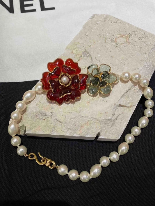 Chanel 2005 Glass Flower Pearl Necklace