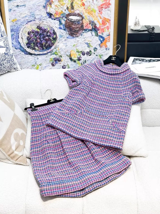 Chanel purple striped tweed top and skirt set
