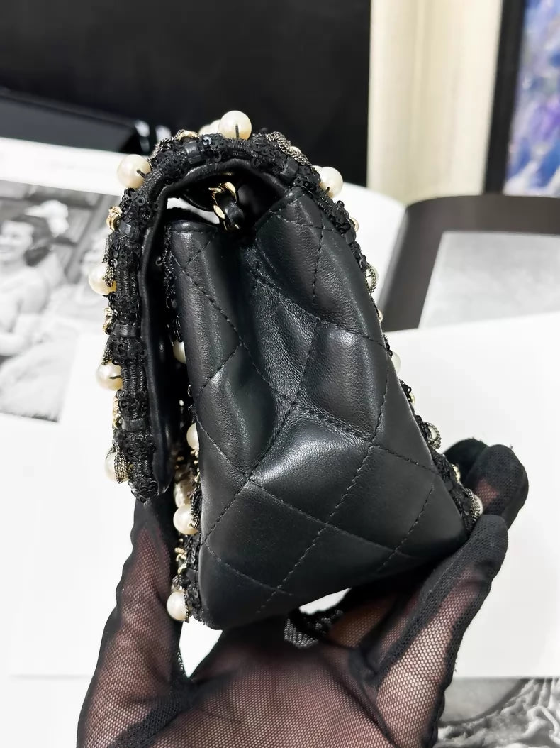 Chanel 20B black and gold pearl chain square crossbody bag