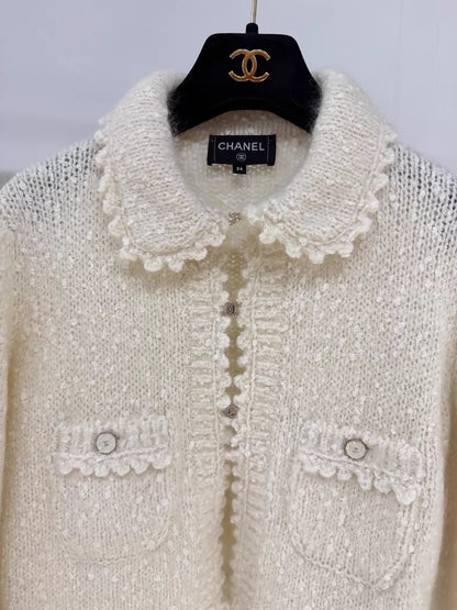 Chanel 25B ecru Knit Cardigan with Lace Trim