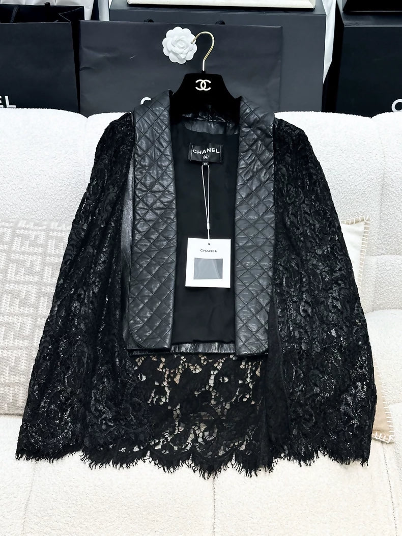 Chanel 23A black leather & lace jacket