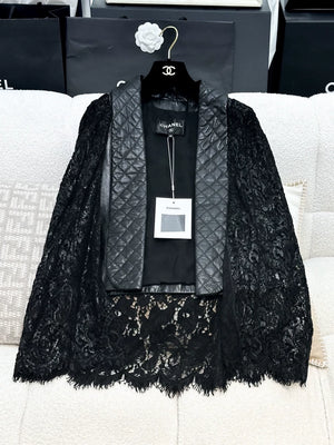 Chanel 23A black leather & lace jacket