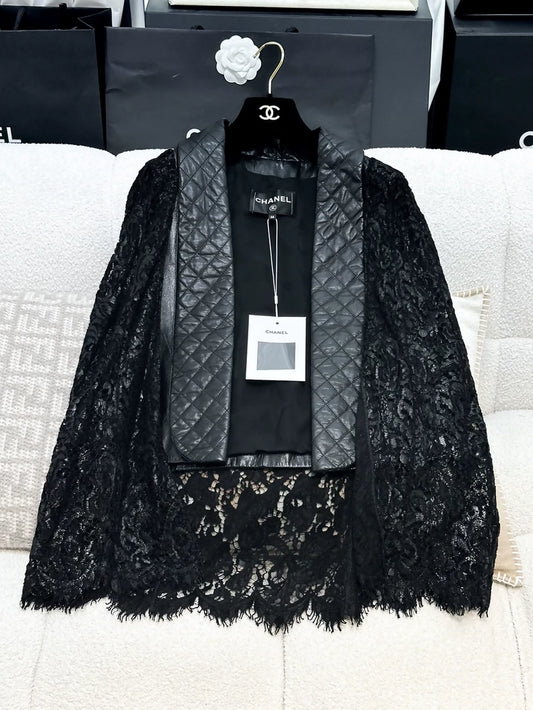 Chanel 23A black leather & lace jacket