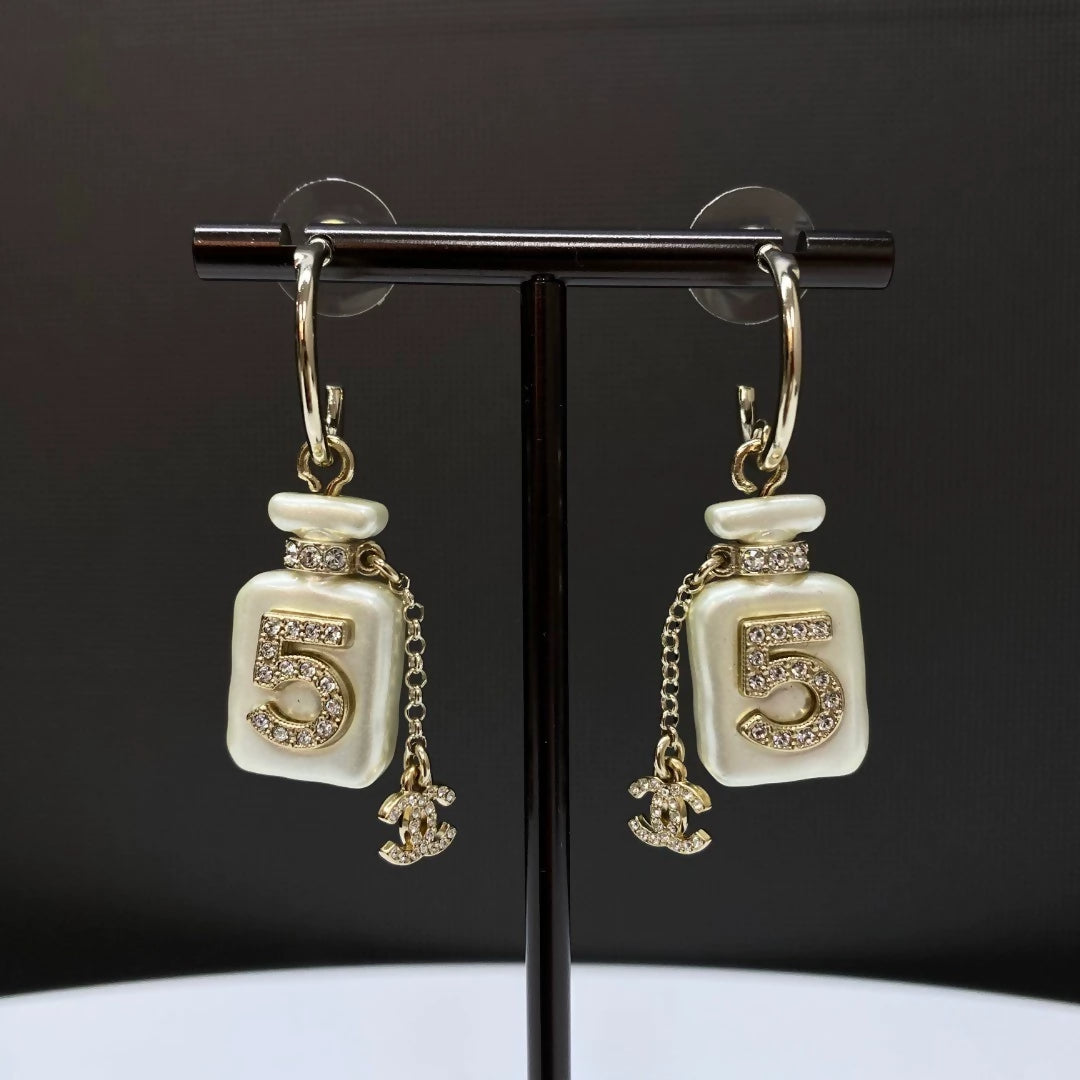Chanel 22s Pearl White No. 5 perfume bottle pendant earrings