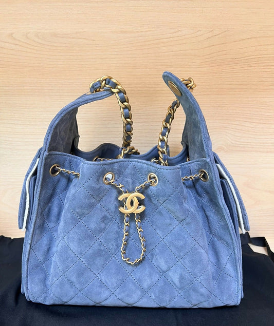 Chanel 2025 Suede Calfskin & Gold Metal Blue Small Handbag