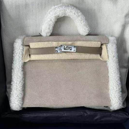 Hermès Mini Kelly II (20) Teddy Grizzly Suede & Shearling Étoupe with Palladium Hardware K Stamp