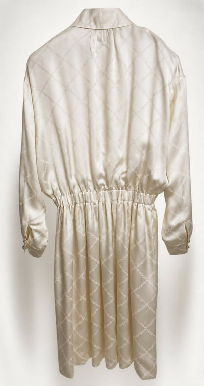 Chanel 23C Ecru Jacquard Silk CC Logo Velvet Bow Blouson Dress FR 40