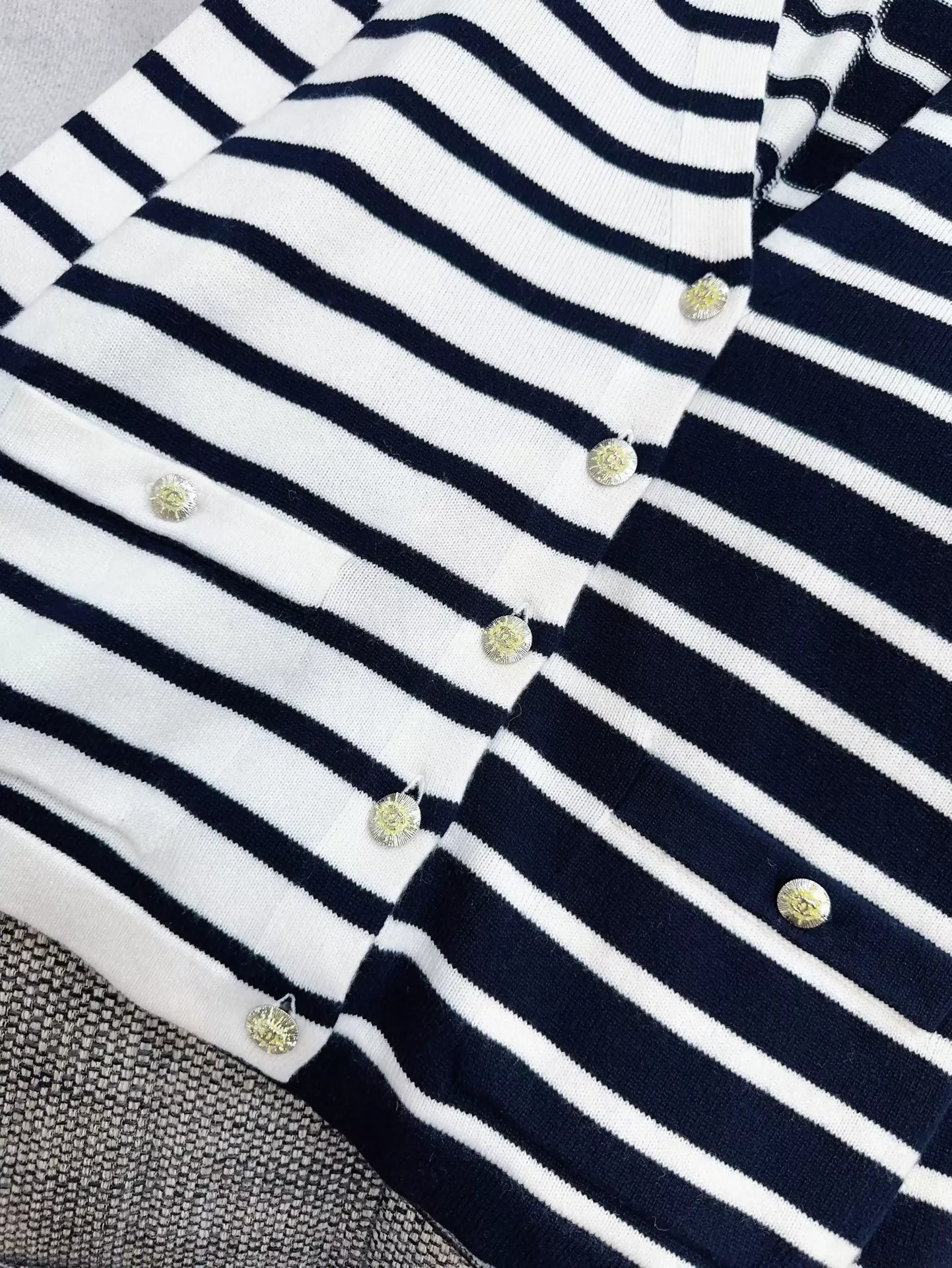 Chanel 24s navy blue and white striped knitted cardigan