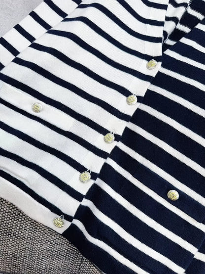 Chanel 24s navy blue and white striped knitted cardigan