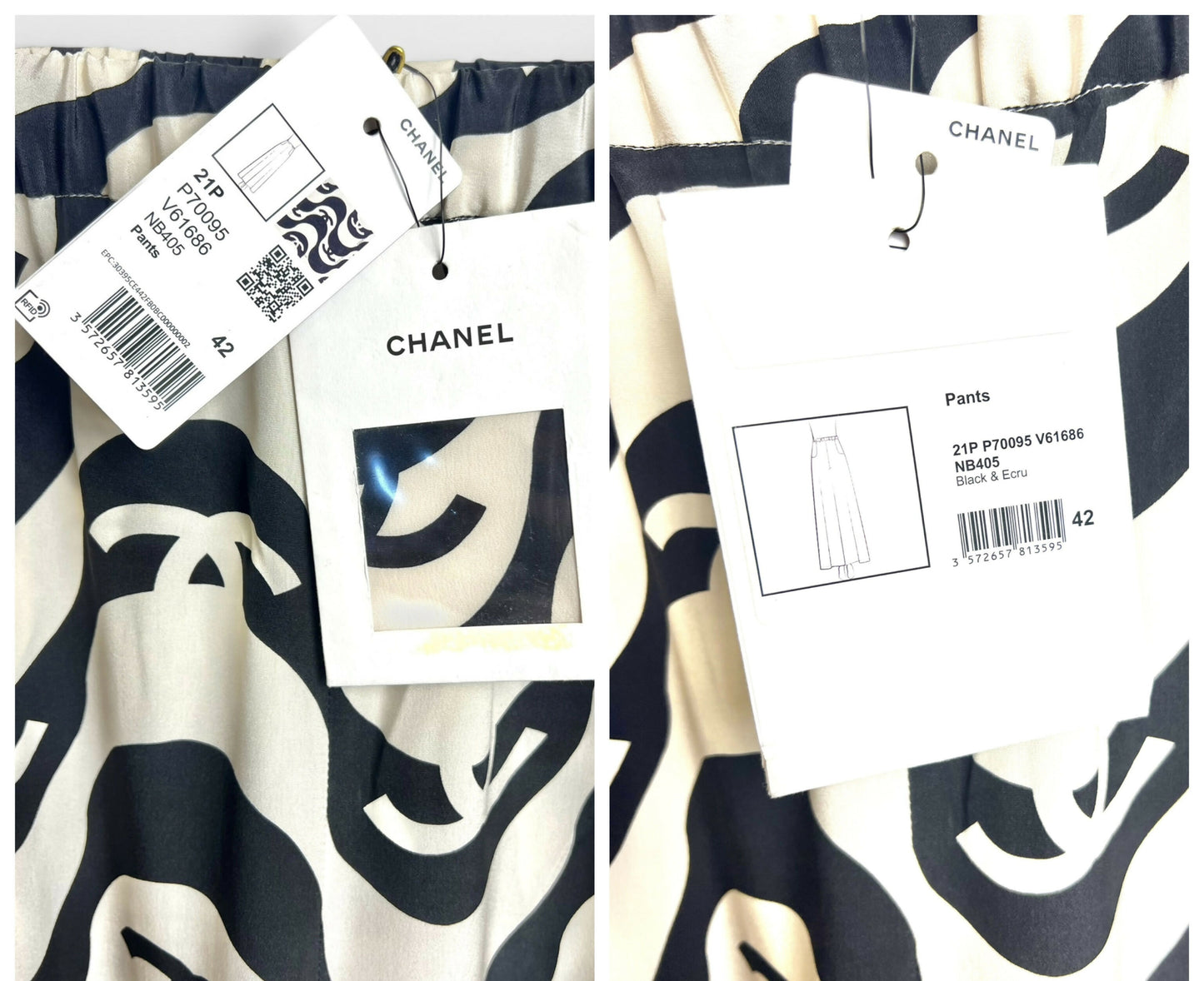 Iconic Chanel 21P CC Wave Black Ecru Silk Wide Leg Pants FR 42