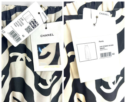 Iconic Chanel 21P CC Wave Black Ecru Silk Wide Leg Pants FR 42