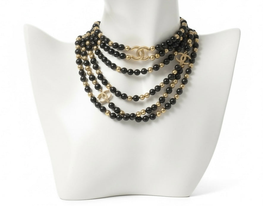 Chanel 16S Airlines 3 Strand 4 CC Extra Long Black Gold Mirror Statement Necklace