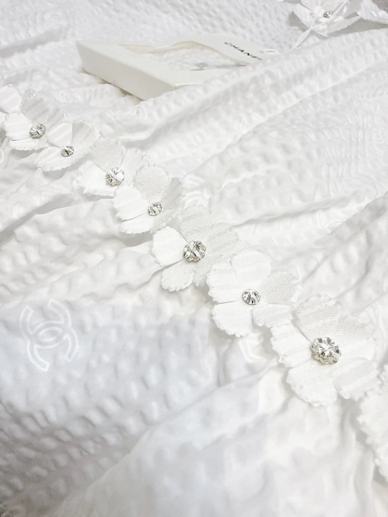 Chanel 26C white 3D floral ruffled logo camisole top