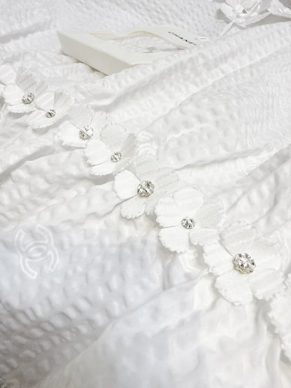 Chanel 26C white 3D floral ruffled logo camisole top