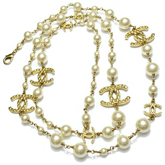 Chanel 10A Shanghai Extra Long 8 CC Logo Pearl Gold Strand Necklace