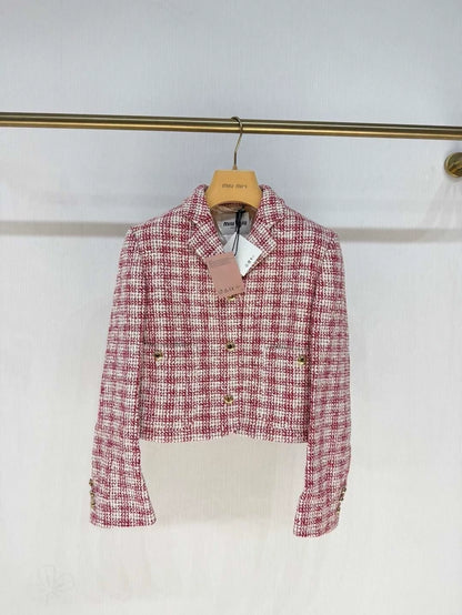 Miumiu 2024 Pink and White Checkered Jacket with Gold Buttons