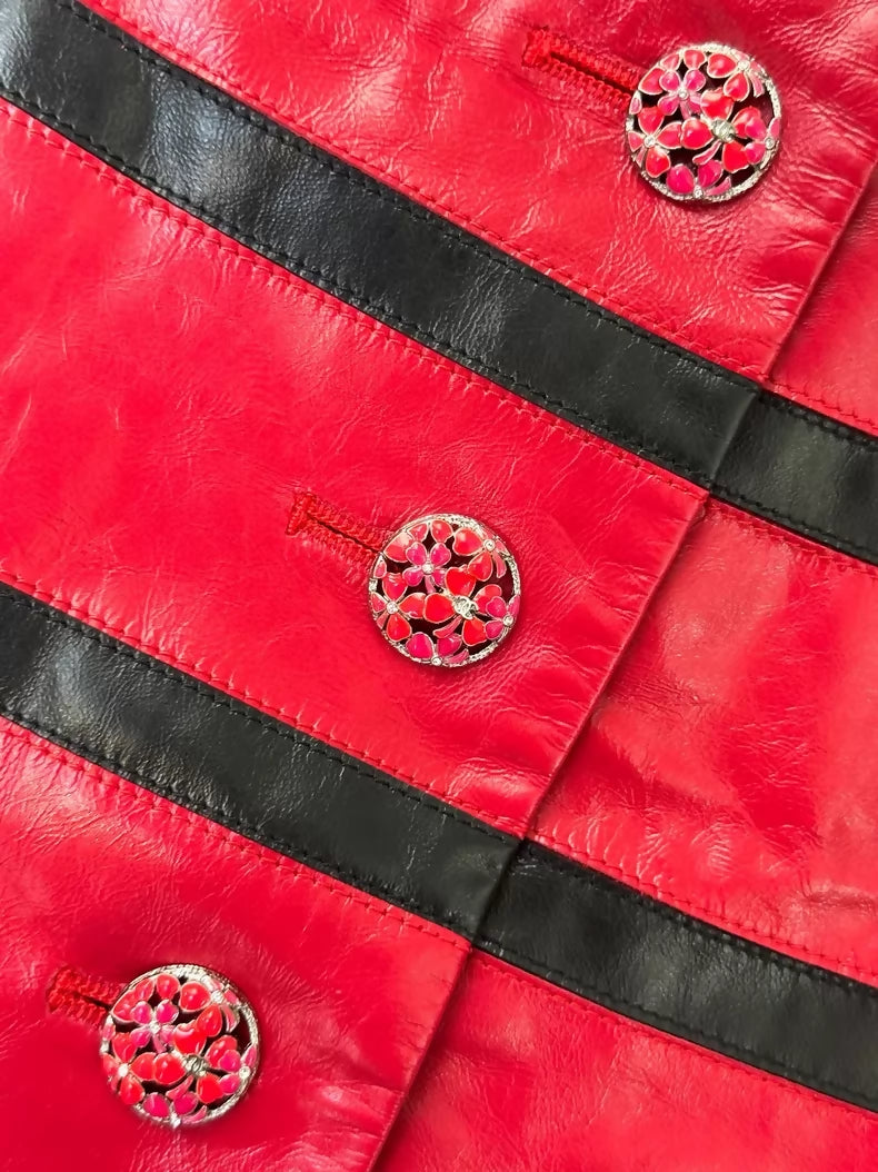 Chanel 24S red and black striped patent leather skirt