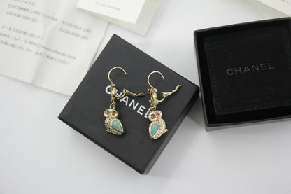 Chanel 18C Metal Owl CC Logo Pendant Earrings