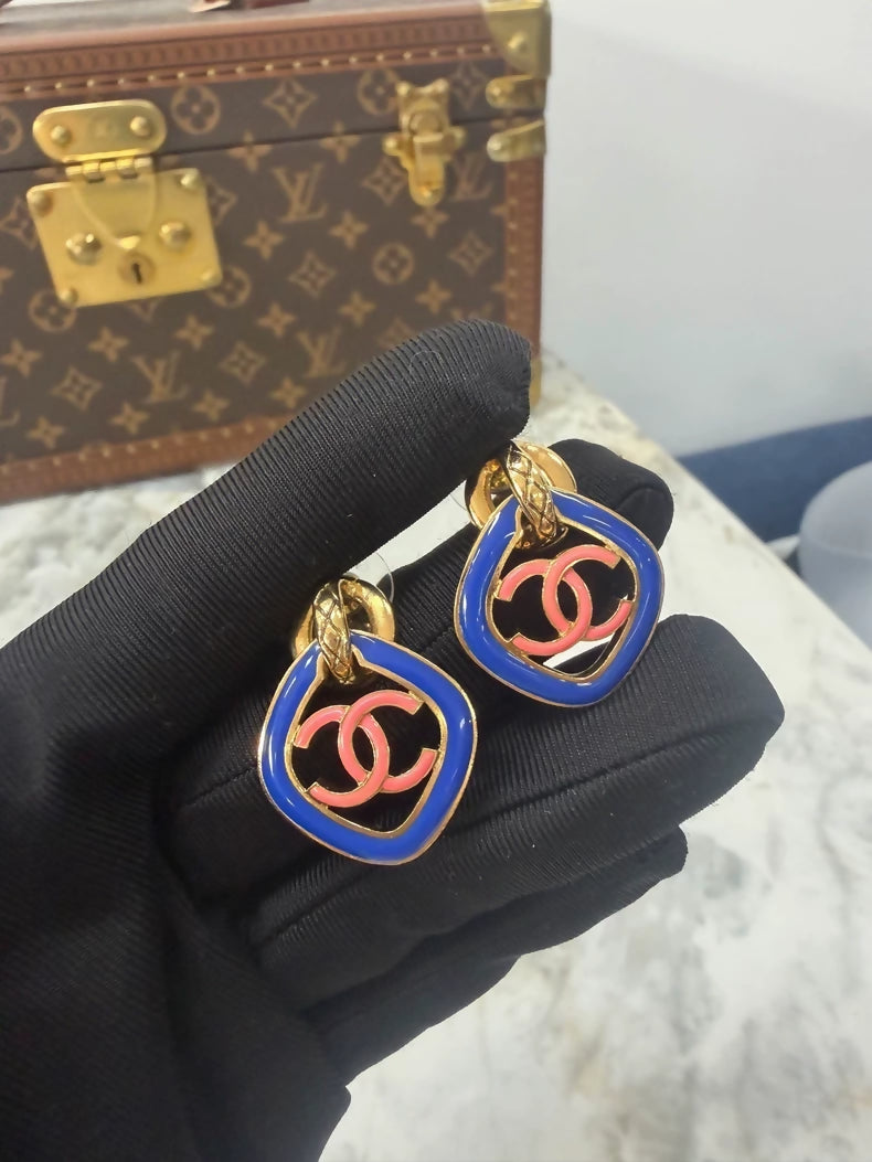 Chanel 22S Pink and Blue Color Block Quilted Gold Earrings