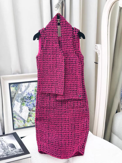 Chanel 16k Pink and Black Tweed Dress + Jacket + Shawl