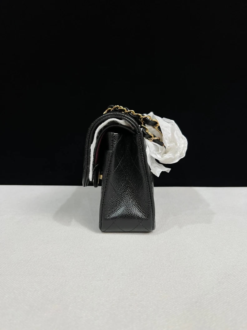 CHANEL Black lychee leather Gold hardware CF Shoulder Bag