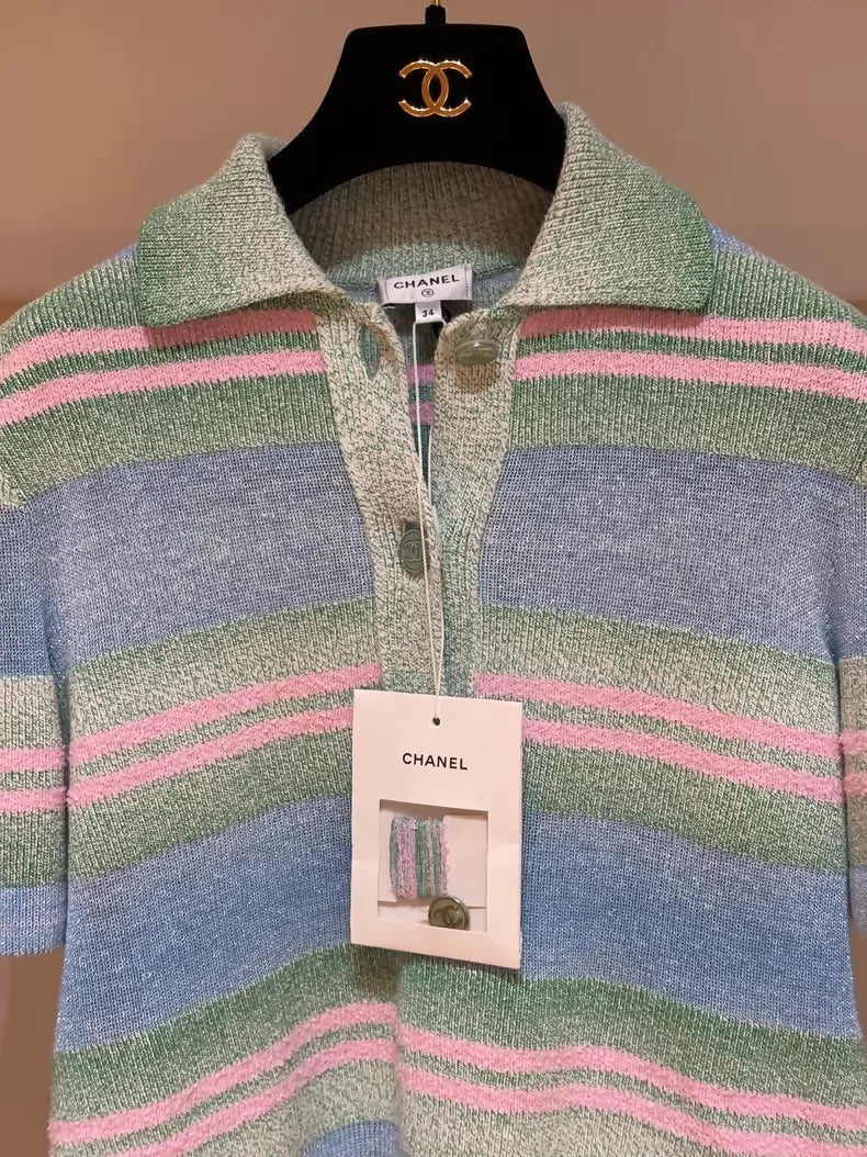 Chanel 23p blue, mint green and pink striped knit dress
