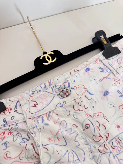 Chanel 25c white denim wide-leg pants with fish prints