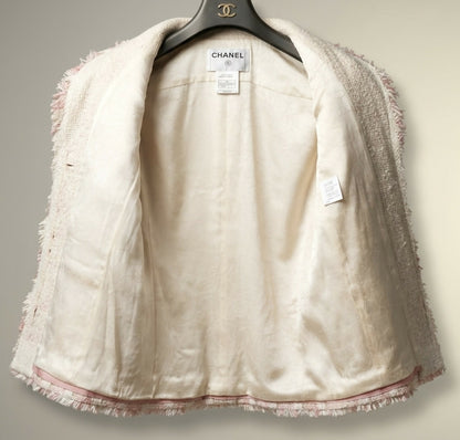 Chanel 04C Pink White Cream Fringe Tweed Checker Jacket FR 42