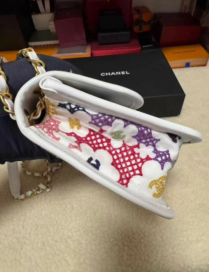 Chanel Spring 2024 White & Multicolor Floral Embroidered Classic Flap Bag with Aged Gold Hardware