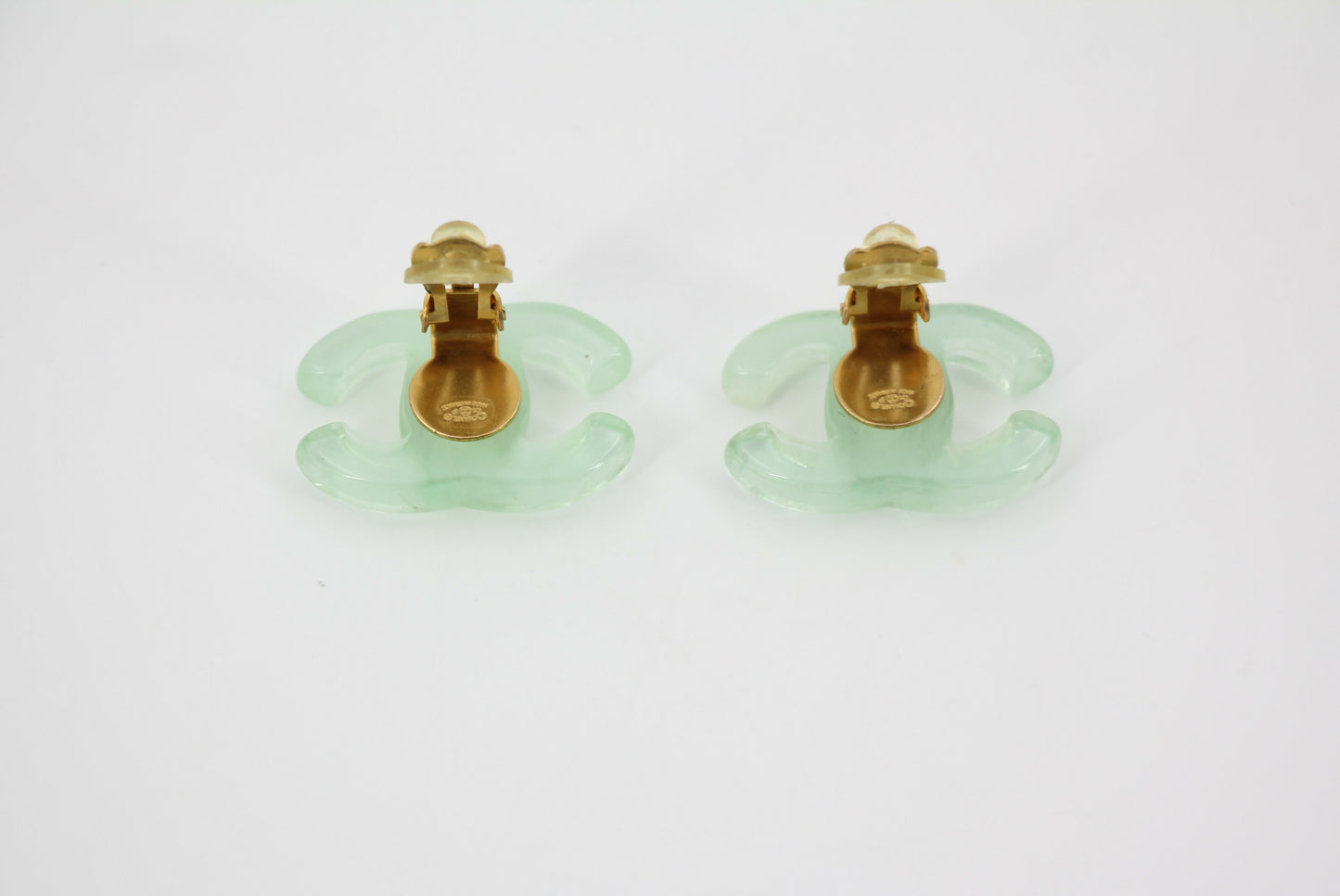 Chanel Vintage 01P Resin Transparent Green Large CC Clip-on Earrings