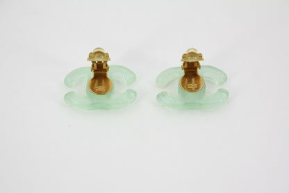 Chanel Vintage 01P Resin Transparent Green Large CC Clip-on Earrings