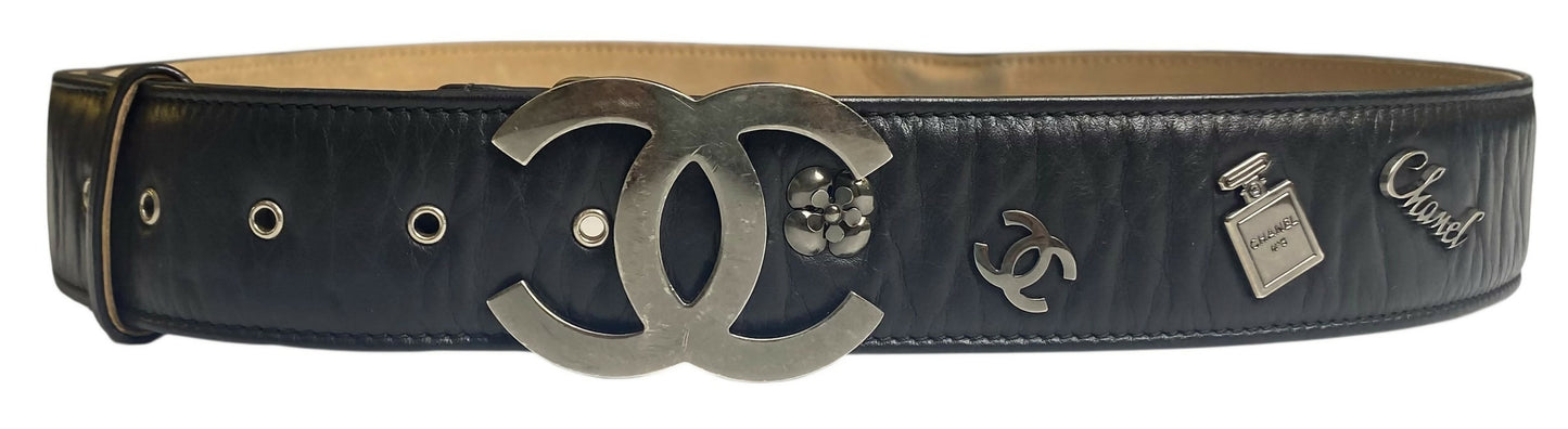 Chanel 12P Lucky Charms Black Distressed Glazed Calfskin Leather Belt Size 85/34