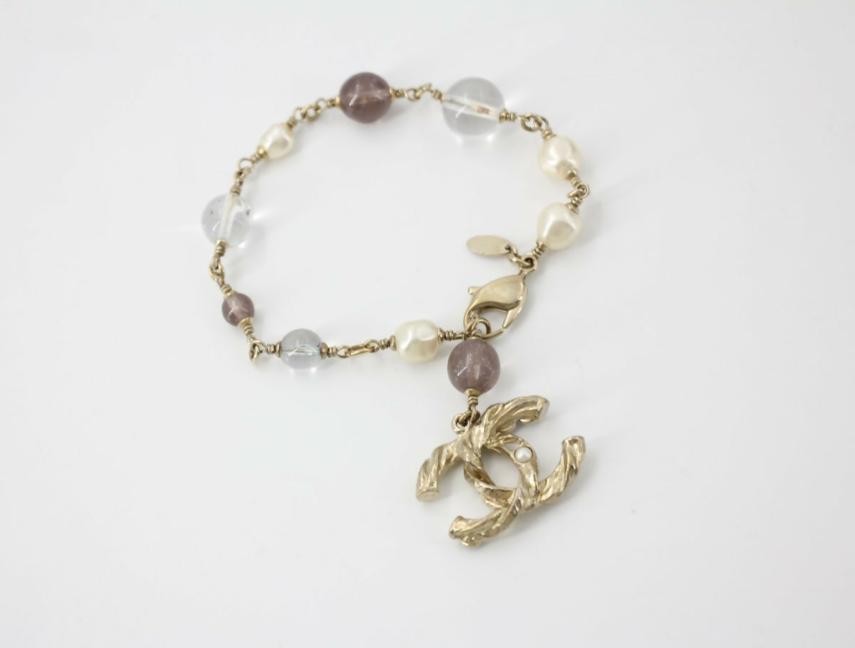 Chanel Vintage 11A Imitation Pearl Gripoix Bead Transparent Purple Bracelet