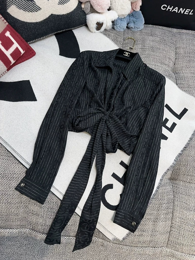 Chanel 23p Black Double C Striped Tie-Waist Shirt