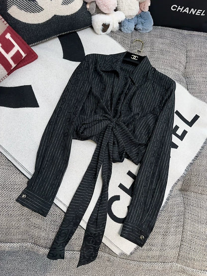 Chanel 23p Black Double C Striped Tie-Waist Shirt